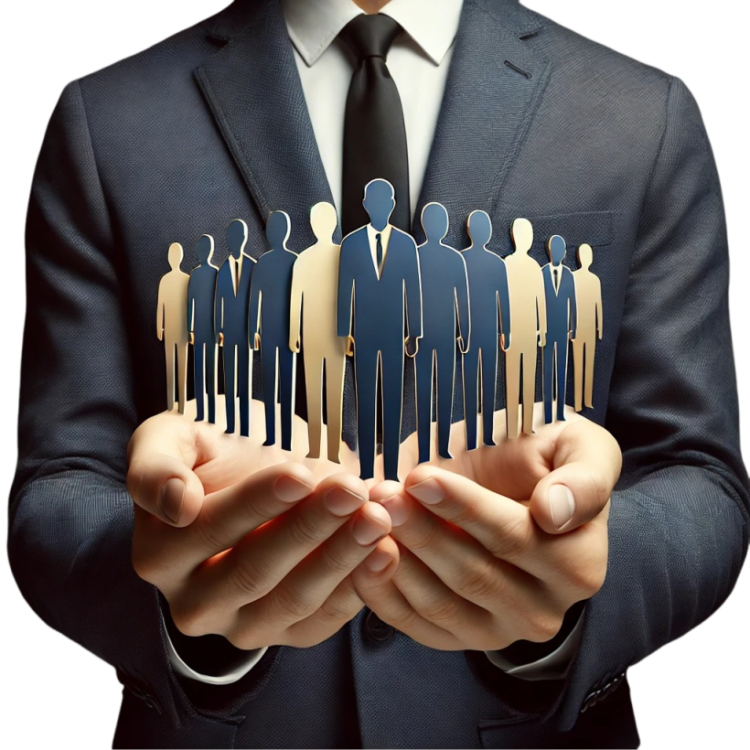 Líder segurando ícones de pessoas nas mãos, representando gestão de equipe